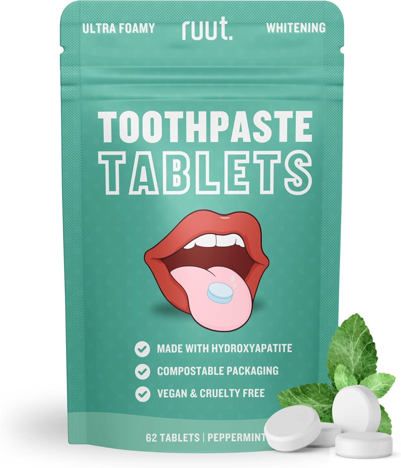 Ruut Toothpaste Tablets, Hydroxyapatite Remineralizing Eco Friendly Tablets, Fluoride Free Travel Tooth Tabs for Sensitive Teeth, Chewable Toothpaste Bites, Peppermint - 1 Month