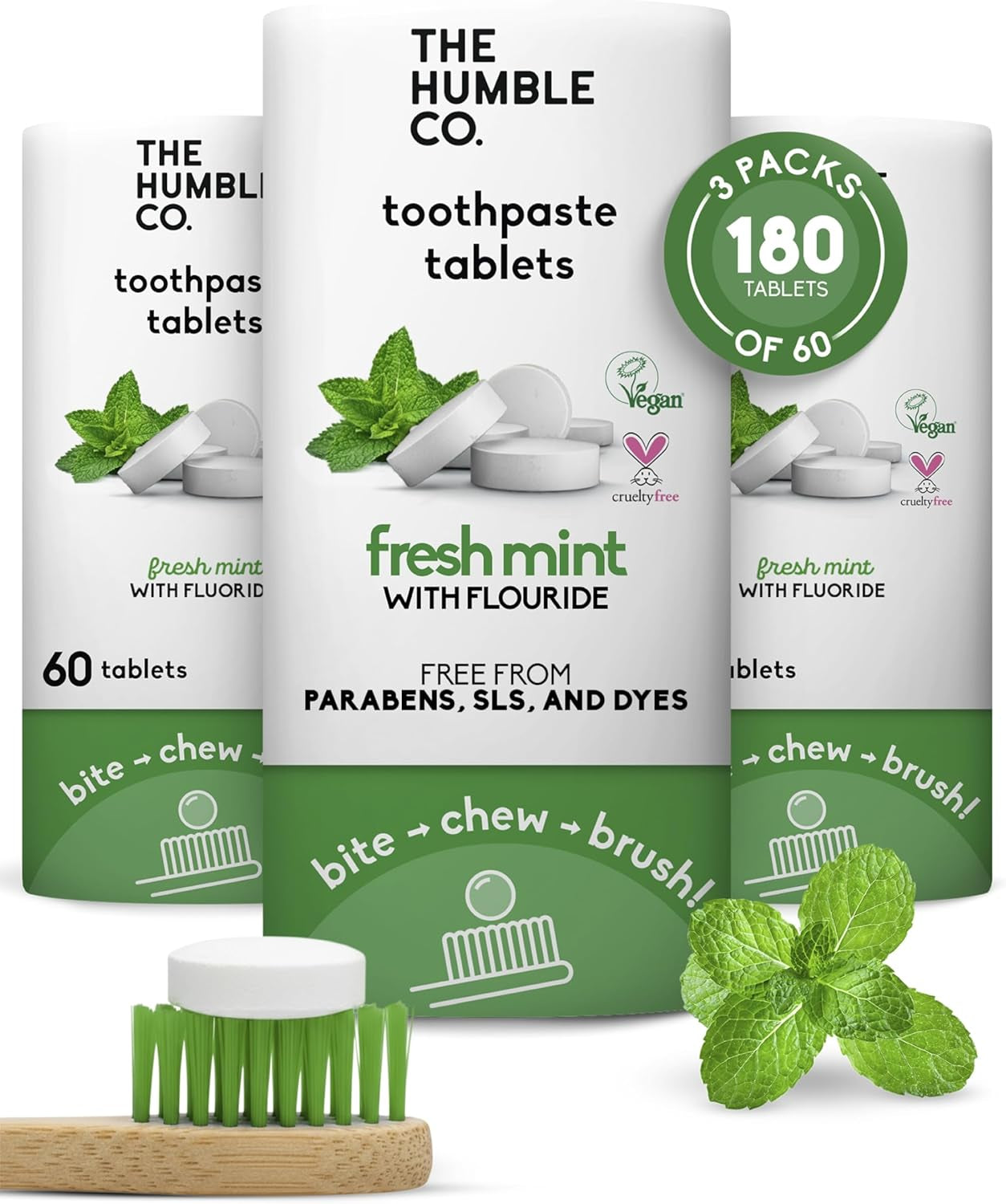 The Humble Co Chewable Toothpaste Tablets with Fluoride, Mint - Bite, Chew, Brush - Zero Water & Plastic Free Toothpaste Tabs - Travel-Friendly & Waste-Free Dental Oral Care Hygiene - 180 Count
