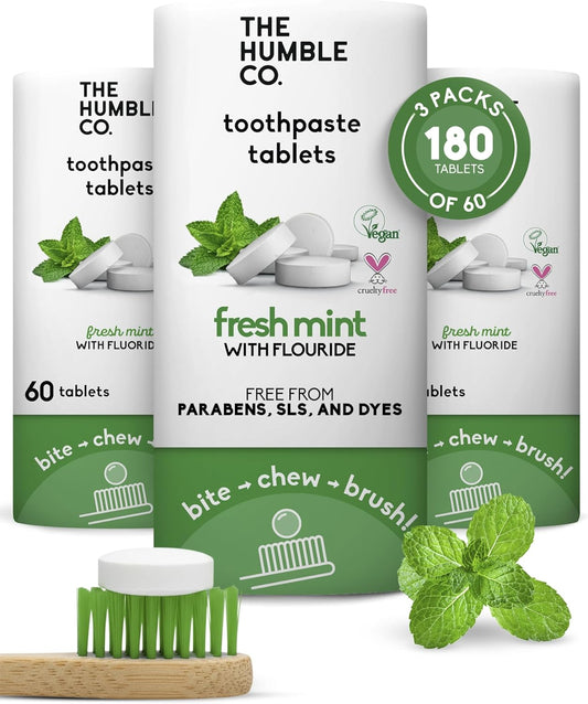 The Humble Co Chewable Toothpaste Tablets with Fluoride, Mint - Bite, Chew, Brush - Zero Water & Plastic Free Toothpaste Tabs - Travel-Friendly & Waste-Free Dental Oral Care Hygiene - 180 Count