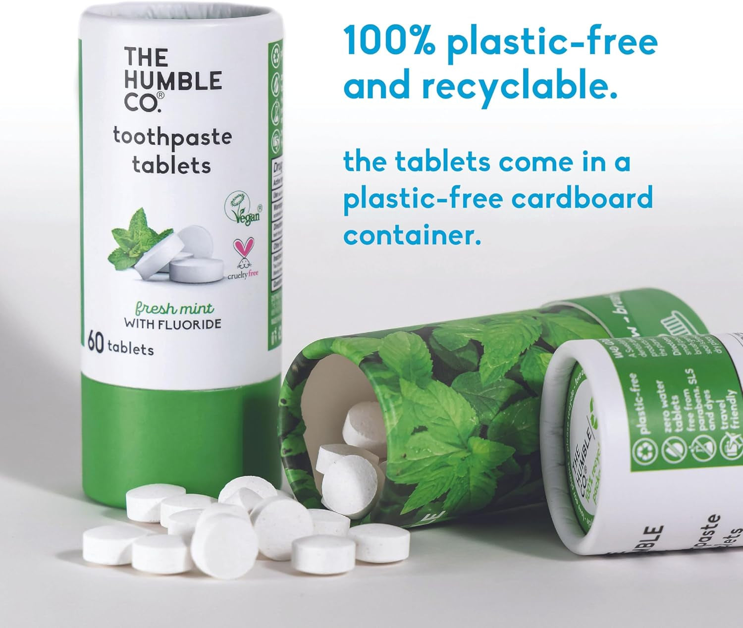 The Humble Co Chewable Toothpaste Tablets with Fluoride, Mint - Bite, Chew, Brush - Zero Water & Plastic Free Toothpaste Tabs - Travel-Friendly & Waste-Free Dental Oral Care Hygiene - 180 Count