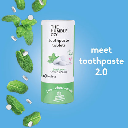 The Humble Co Chewable Toothpaste Tablets with Fluoride, Mint - Bite, Chew, Brush - Zero Water & Plastic Free Toothpaste Tabs - Travel-Friendly & Waste-Free Dental Oral Care Hygiene - 180 Count