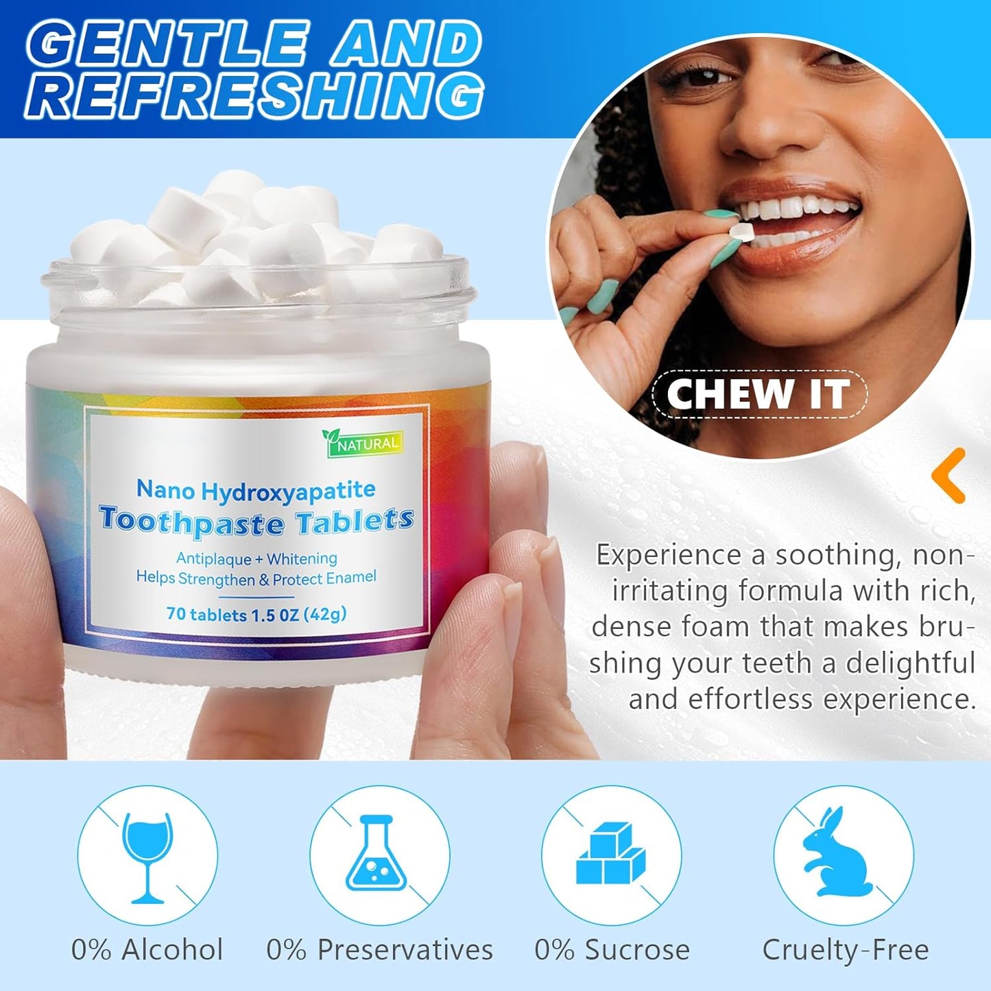 Toothpaste Tablet,Chewable Toothpaste Tablets,Flouride Free Toothpaste with Nano Hydroxyapatite,Sensitive Toothpaste Tabs Peppermint Flavored Strengthen Teeth,Travel Mouthwash Tablets 70 Pcs